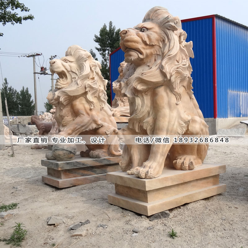石雕坐狮雕刻厂家,晚霞红石狮子报价销售,欧式晚霞红狮子图片造型